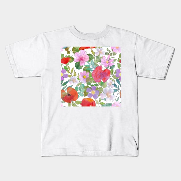 Spring various flowers and leaves watercolor botanical print. Poppies, daisy, rose flowers blossom. Different wildflowers. Kids T-Shirt by likapix